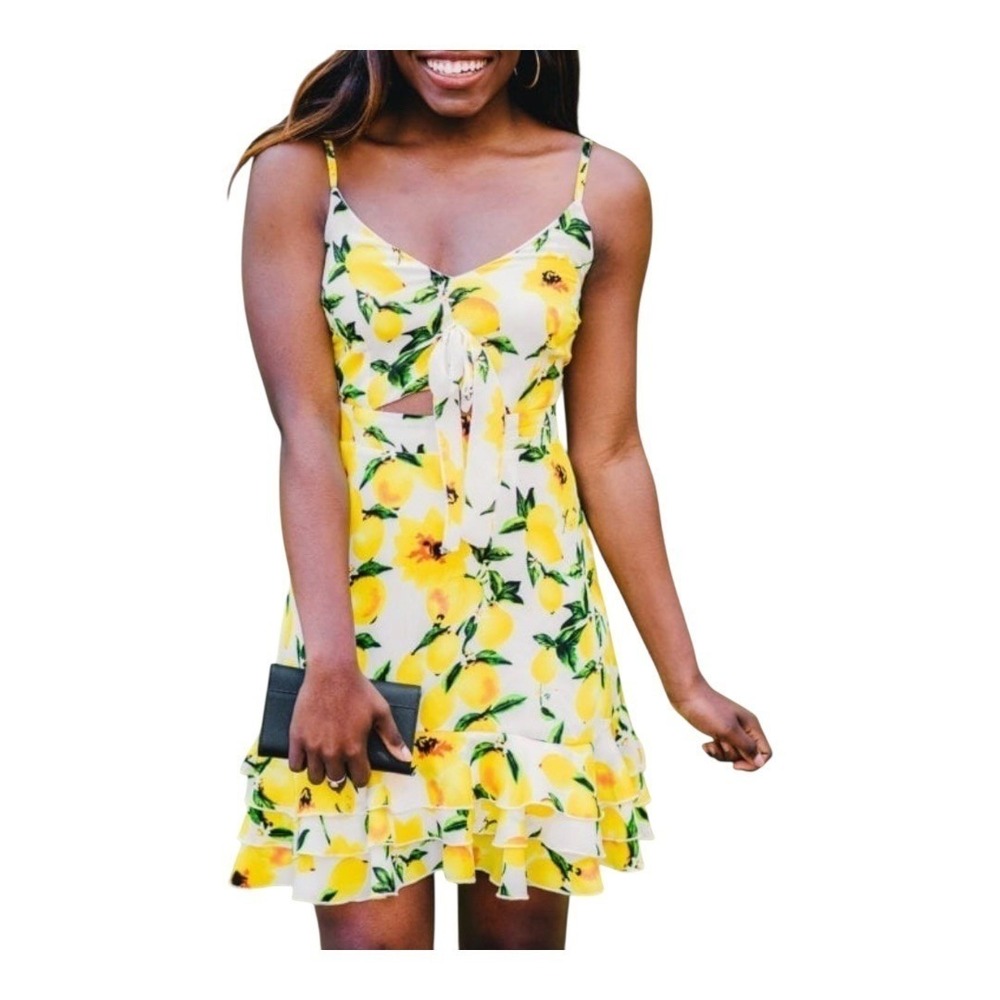 Boohoo Lemon Print Sundress Yellow Fruit Floral Cutout Summer Coquette Vacation